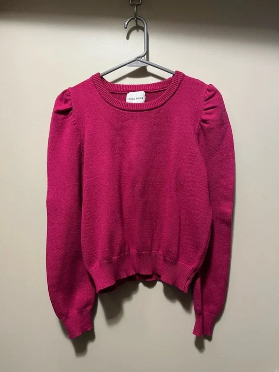 Pink Rose Fuchsia Puff-Sleeve Crewneck Sweater - Picture 1 of 7